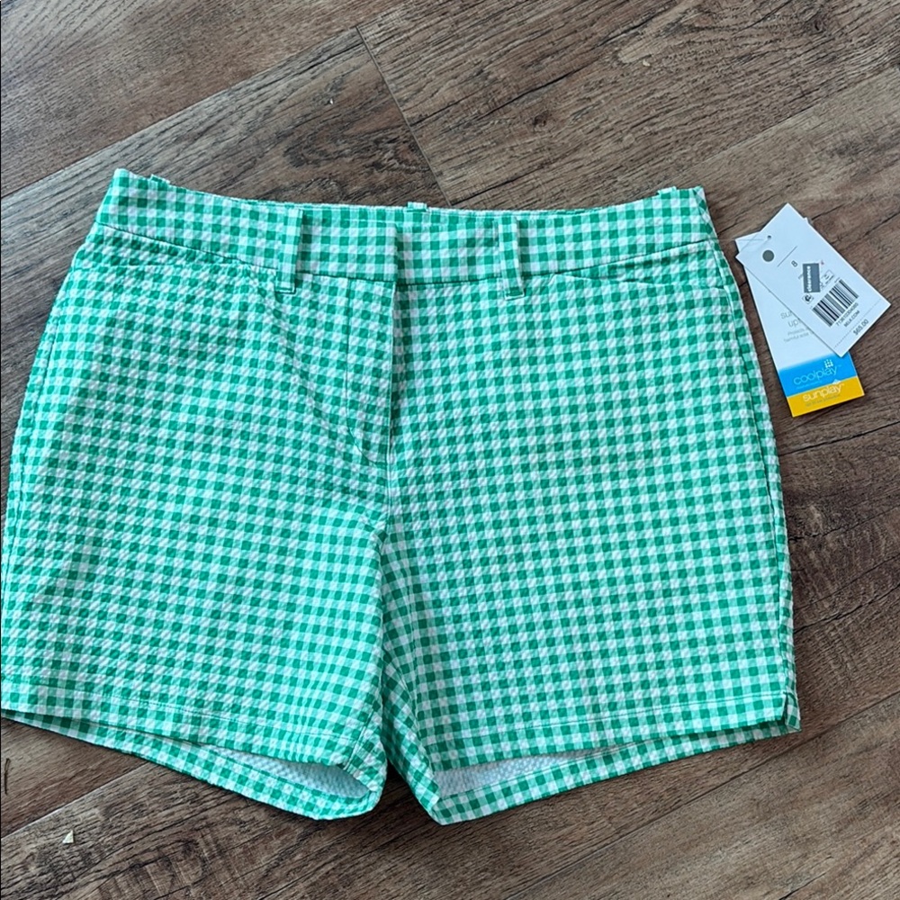 Green and White Gingham shorts, 100% polyester, cool play, perfect for golf